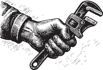 Linocut black and white etching illustration of a hand gripping pipe wrench plumber tool vintage engraving vector