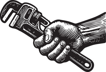 Linocut etching black and white illustration of a hand gripping pipe wrench plumber repair tool vintage engraving vector