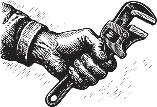 Linocut black and white etching illustration of a hand gripping pipe wrench plumber tool vintage engraving vector