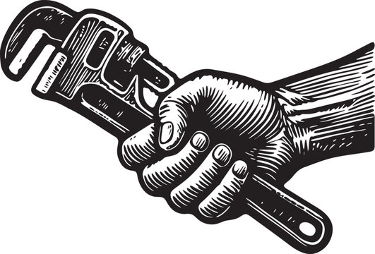 Linocut etching black and white illustration of a hand gripping pipe wrench plumber repair tool vintage engraving vector