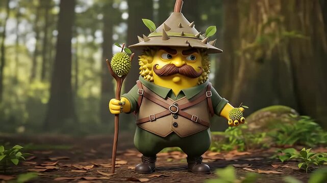 3D illustration of an eccentric durian adventurer in a forest	
