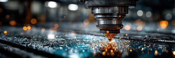 Precision cutting process using laser technology in a manufacturing facility with sparks flying in the background