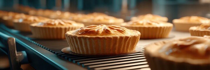Freshly baked pies cooling on a conveyor belt in a bakery workshop during the afternoon rush