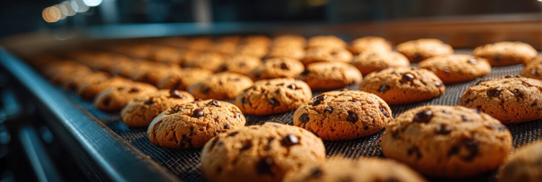 Freshly baked chocolate chip cookies cooling on conveyor belt in a warm bakery during busy afternoon hours