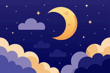 Naklejka premium A vector illustration of a bright full moon in a starry night sky with clouds