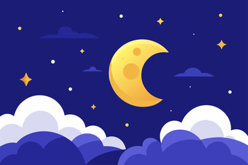 Fototapeta premium Cartoon vector illustration of the night sky with a full moon and twinkling stars