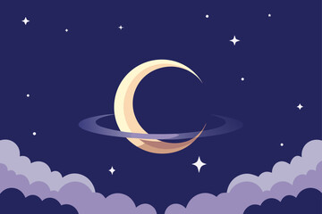 Fototapeta premium Blue sky at night with stars, moon, and clouds, a vector illustration of a dark, celestial landscape