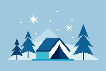 A beautiful winter landscape with snow-covered trees and a Christmas tree, perfect for a holiday card illustration with falling snowflakes and stars