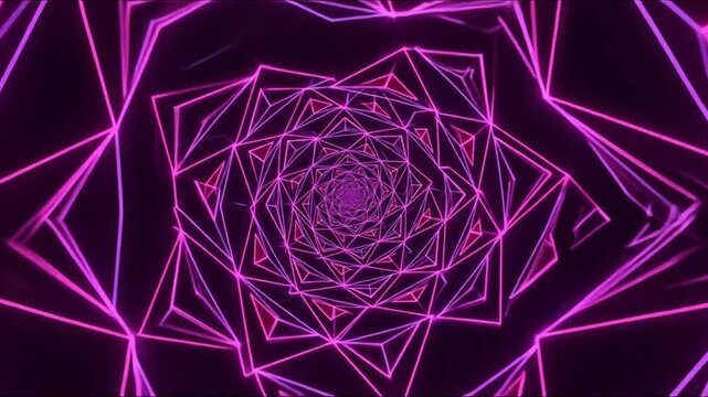 Glowing purple and pink neon lines form a spiraling abstract geometric pattern of interconnected triangles and polygons on a dark background - Powered by Adobe