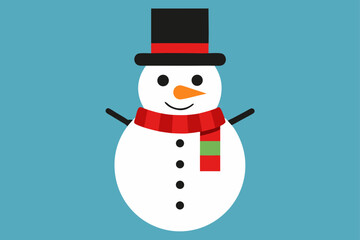A joyful cartoon snowman wearing a red hat and scarf holds a Christmas gift in a winter wonderland