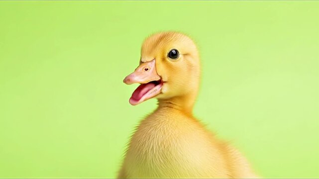 Close-up of a baby duck with an open beak against a  greenscreen background.