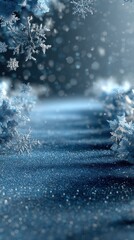 Snowflakes drift softly on a glimmering winter pathway surrounded by icy decorations in a serene landscape