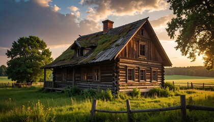 Rustic log cabin at sunset