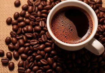 Fototapeta premium Aromatic coffee cup surrounded by rich roasted coffee beans