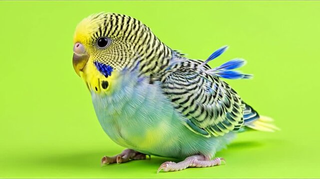 A close-up studio portrait of a small, colorful budgerigar bird with yellow, blue, and green plumage against a greenscreen background.