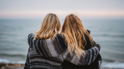 Two women embrace by the ocean, expressing love and support.