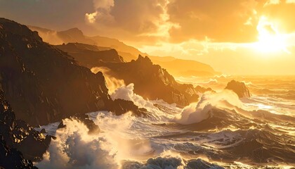 Dramatic sunset over stormy ocean