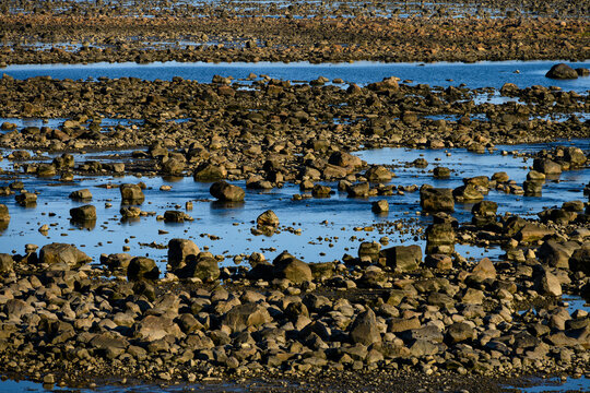 Hudson Bay summer coastline at low tide with large rocks in warm evening light, Seal River area, Manitoba, Canada
