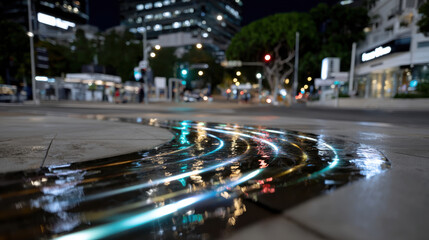 Fototapeta premium This image captures a beautiful city reflection on wet pavement, where vibrant city lights create an artistic interplay of color and movement in a nighttime urban setting.