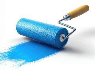 A blue paint roller leaves a trail of color