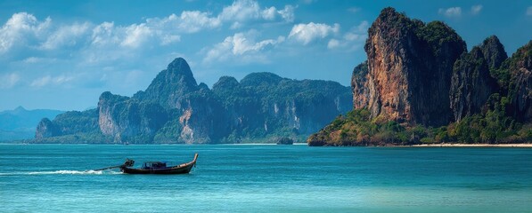 Tranquil turquoise water, dramatic limestone cliffs, and a small boat sail by
