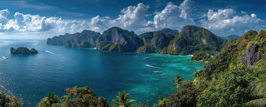 Panoramic view of a tropical bay with dramatic limestone cliffs and lush vegetation, turquoise water, and scattered boats