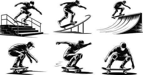 Skateboarder performing tricks on stairs, ramps, and rails, extreme skateboarding, urban street sport, young athlete, dynamic movements, protective gear, skateboarding action shots