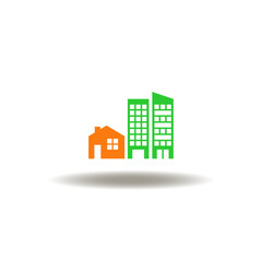 Vector illustration of house and skyscraper. Symbol of housing archtecture construction. Icon of BIM Building Information Modeling Designing Business Industry Construction Tech.