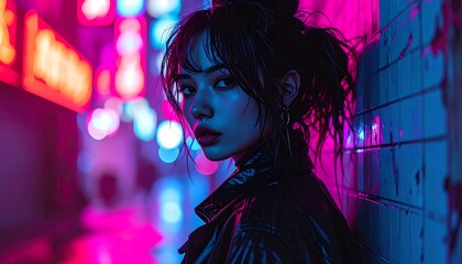 Asian woman in neon-lit city street
