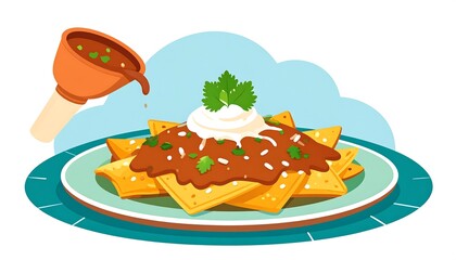 A plate of nachos with a sauce being poured