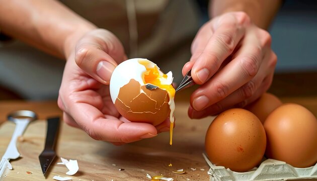 Hands carefully cracking open a hard-boiled egg