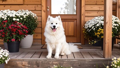 White dog on a porch with flowers