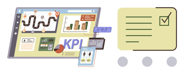 Digital dashboard displaying KPI metrics, workflow tracking, analytics, and charts on devices alongside a task checklist. Ideal for project management, data analysis, teamwork, reports, goal