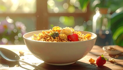 Bowl of breakfast cereal with fruit