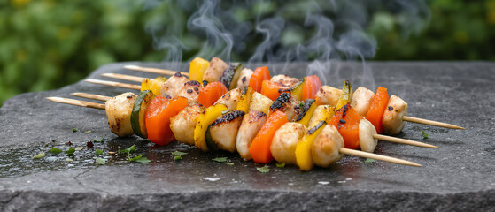 Grilled Vegetable Skewers on Stone Surface