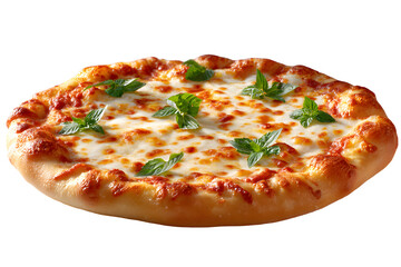 A thick-crust cheese pizza with a rich tomato sauce and a generous layer of melted mozzarella cheese, garnished with fresh mint leaves. Isolated.