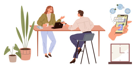 Two colleagues engaged in conversation at a desk with a laptop, coffee cup, and books. Nearby, a phone displays digital payments. Ideal for teamwork, communication, fintech, productivity modern