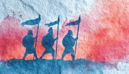 medieval banner-bearers with spears and shields advancing