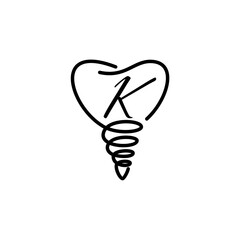 Minimalist line art logo featuring the letter "K" inside a tooth shape with a dental implant base, symbolizing modern dentistry and implant care.