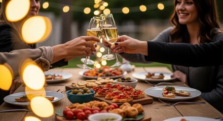 Fototapeta premium Friends toasting with champagne at outdoor dinner party with appetizers and string lights