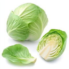 Obraz premium Fresh Green Cabbage Head Halved and Sliced Isolated View