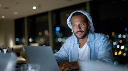 Obraz premium A dedicated architect deep in thought while working late in a modern office, reflecting the hard work and commitment required in the architectural profession.