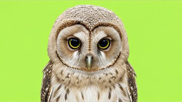 A close-up studio portrait of a cute baby owl with large yellow eyes looking directly at the camera against a greenscreen background.