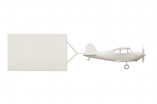 White airplane towing blank advertising banner against transparent backdrop, ready for custom messaging and promotional branding
