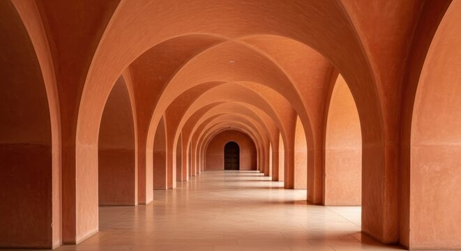 Elegant terracotta archways creating a majestic symmetrical corridor
