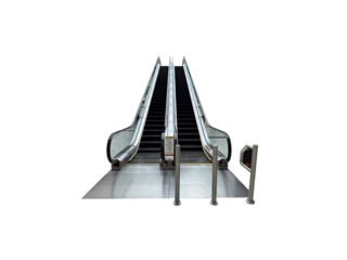 A pair of modern escalators ascending on a transparent backdrop, showcasing sleek design and architectural precision.png