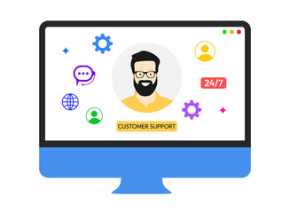 Friendly customer support agent shown on a computer screen offering 24-7 global assistance and technical help,  illustrated with helpful icons. Help, assistance, ai support