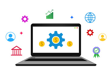 Laptop screen displaying a blue gear with coin signs, surrounded by icons representing global finance, growth, and business success