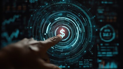 A hand points to a glowing dollar sign in a digital interface with concentric circles and data visualizations