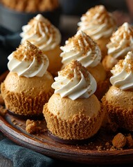 No bake pumpkin cheesecake artisanal mini cheesecakes styled on a wood board with inviting bakery detail
